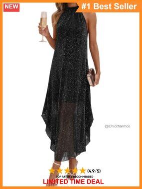Sparkly Halter Maxi Dress Sleeveless High Low Formal Cocktail Wedding Guest